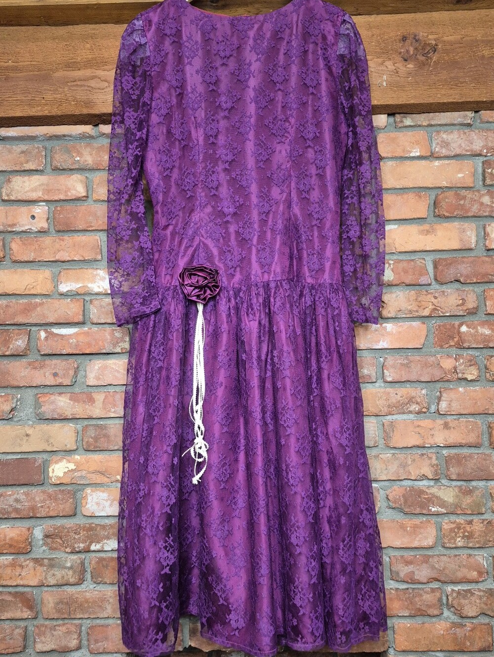 Handmade Vintage Purple Floral Lace Maxi Dress Rosette Pearl Ribbon Formal